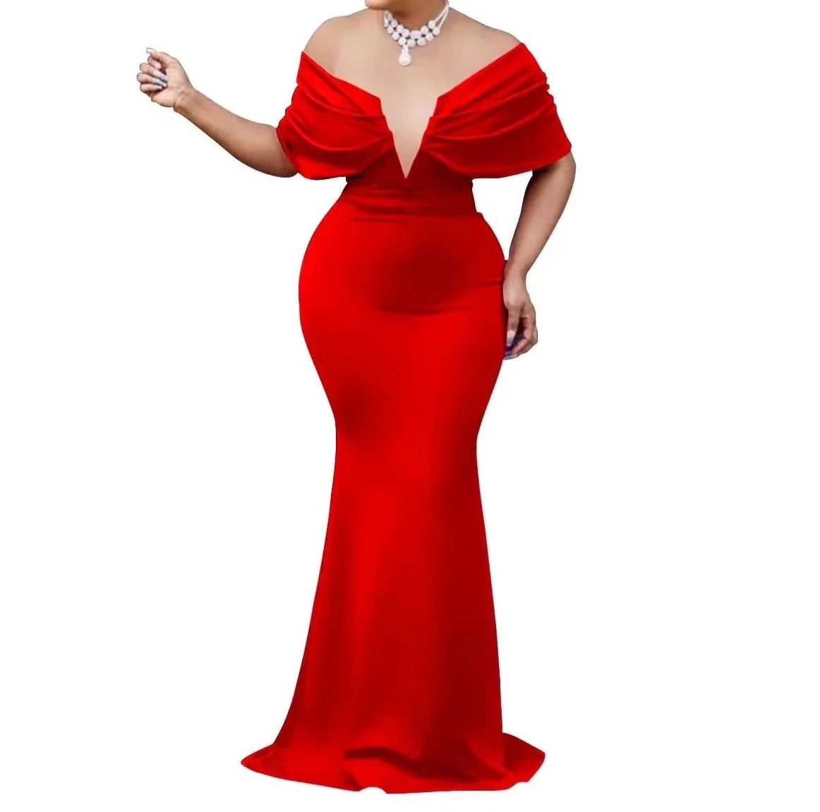 Elegant Off-Shoulder V-Neck Bodycon Maxi Dress
