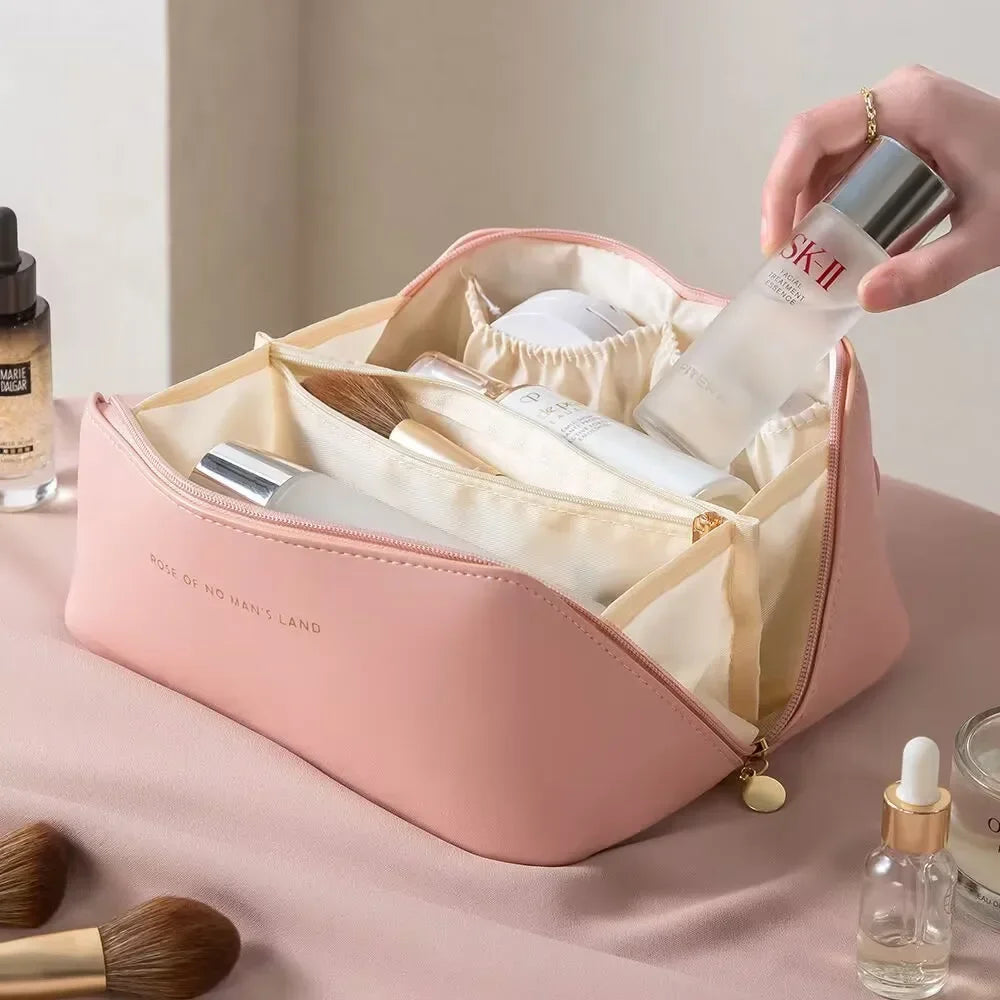 Large Travel Cosmetic Bag for Women – Leather Makeup Organizer & Toiletry Kit Pouch