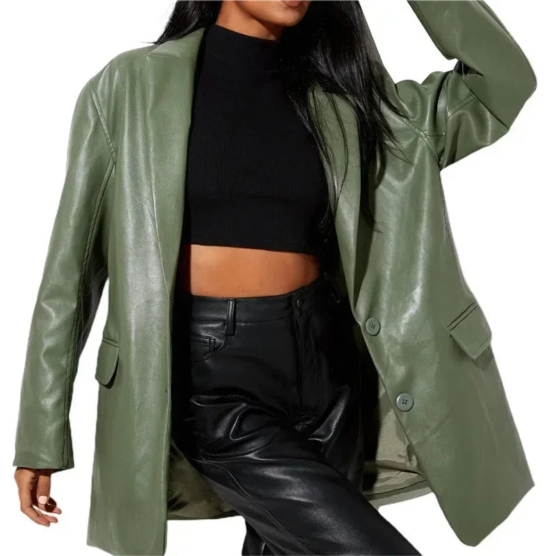 Women’s Vintage Faux Leather Blazer – Long Sleeve Streetwear Jacket with Flap Pockets