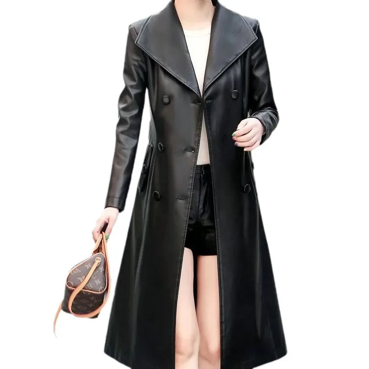 Lautaro Autumn Black Waterproof Pu Leather Trench Coat for Women Long Sleeve Belt Double Breasted Autumn Designer Fashion