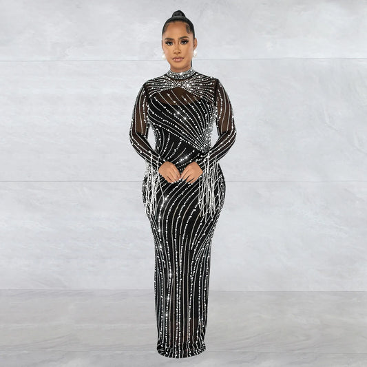 Sparkly Rhinestone Sheer Long Dress
