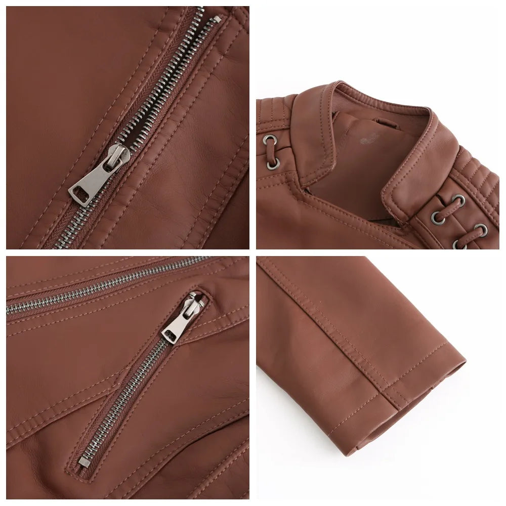 Women’s 12-Color PU Leather Jacket – Lapel Zip-Up Overcoat S–4XL