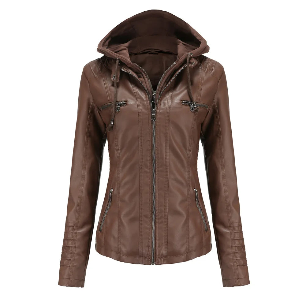 Women’s Oversized PU Leather Hoodie – Zipper Motorcycle Jacket for Spring & Autumn
