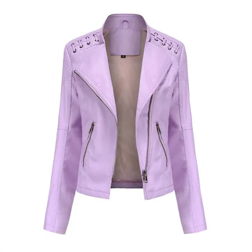 Women’s 12-Color PU Leather Jacket – Lapel Zip-Up Overcoat S–4XL