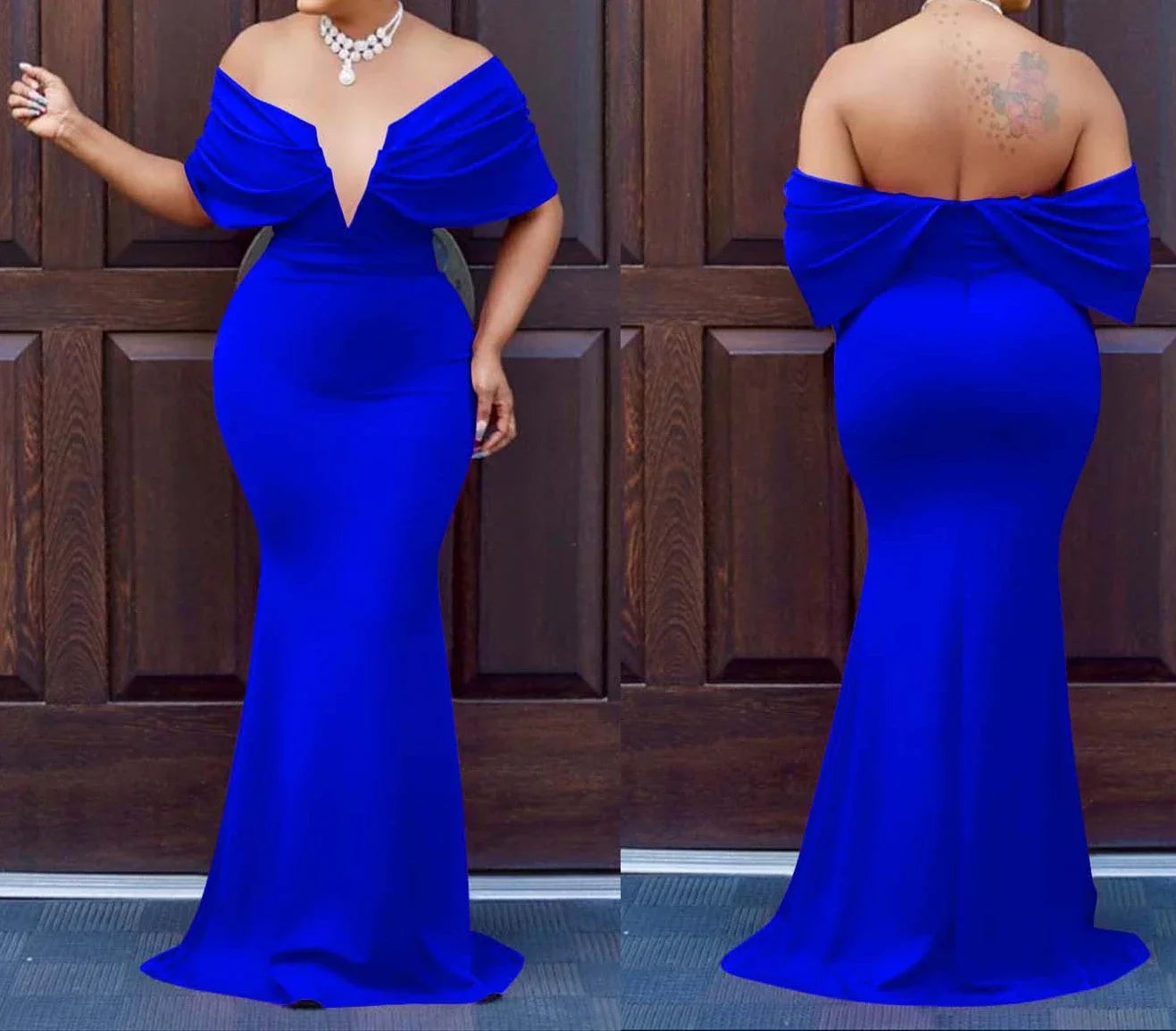 Elegant Off-Shoulder V-Neck Bodycon Maxi Dress