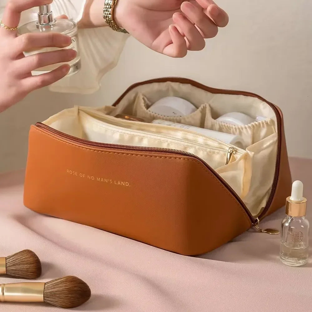 Large Travel Cosmetic Bag for Women – Leather Makeup Organizer & Toiletry Kit Pouch