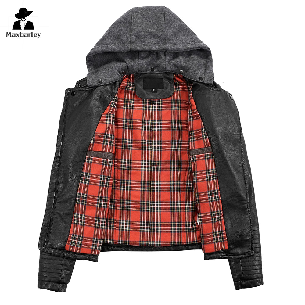 Women’s Vintage Hooded Faux Leather Jacket – Slim-Fit Detachable PU Motorcycle Coat