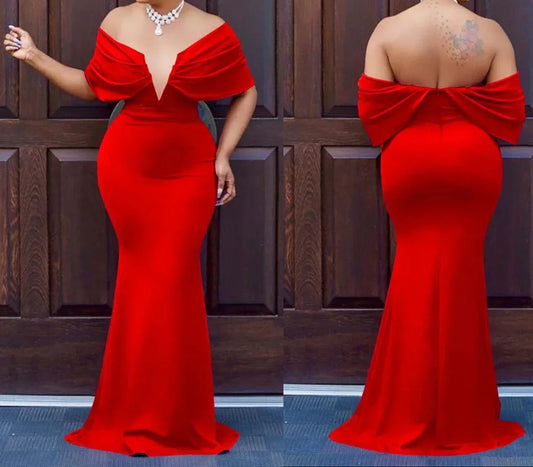 Woman modeling red off-shoulder mermaid evening gown with V-neck and bow back