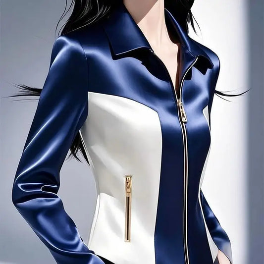 Women’s White & Blue Patchwork Satin Jacket – 2025 Early Spring Slim Waist Zipper Coat