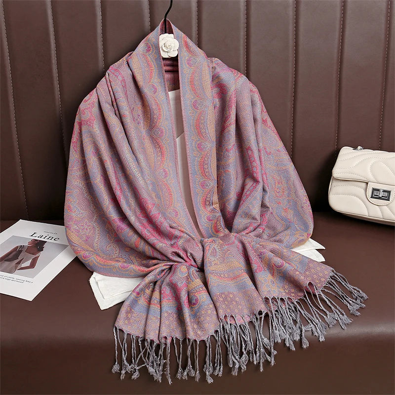 Women’s Paisley Cashmere-Feel Pashmina Shawl – Tassel Hijab Head Wrap & Winter Scarf 2025