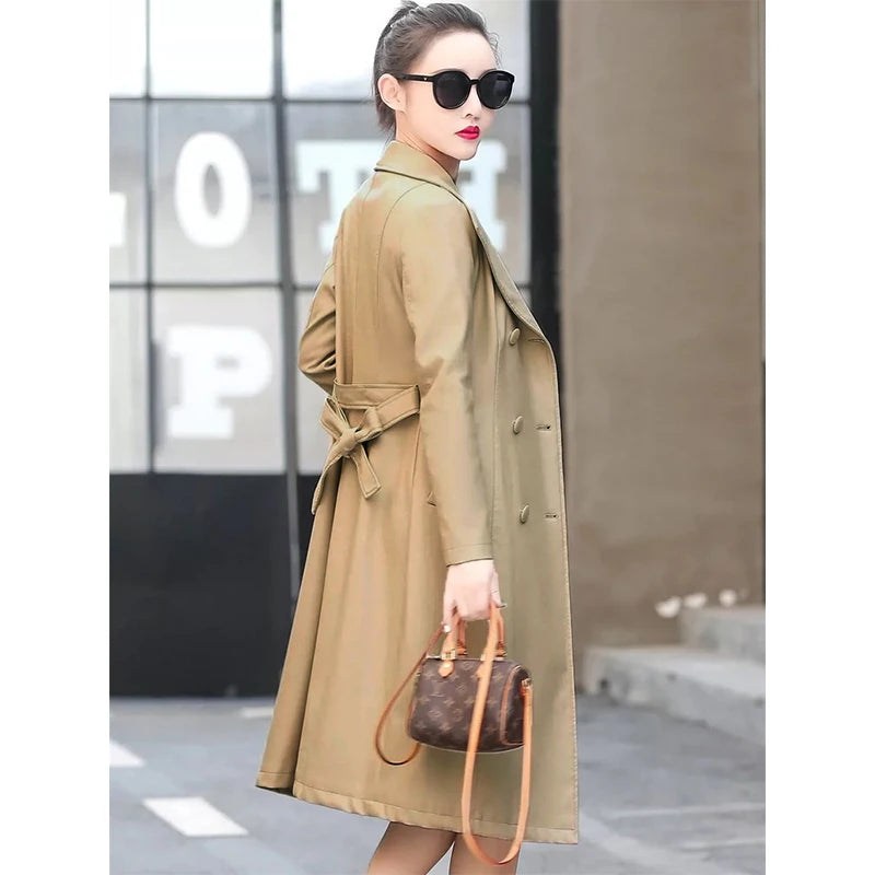Lautaro Autumn Black Waterproof Pu Leather Trench Coat for Women Long Sleeve Belt Double Breasted Autumn Designer Fashion