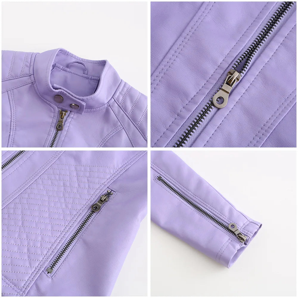 Women’s Lavender PU Leather Motorcycle Jacket – Long Sleeve Fashion Outerwear