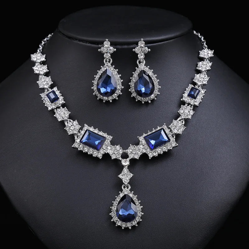 Wholesale Bridal Jewelry Set – Silver Plated Red, Green & Blue Crystal Rhinestone Drop Earrings & Luxury Wedding Necklace