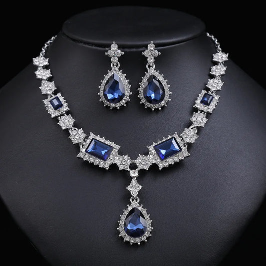Wholesale Bridal Jewelry Set – Silver Plated Red, Green & Blue Crystal Rhinestone Drop Earrings & Luxury Wedding Necklace
