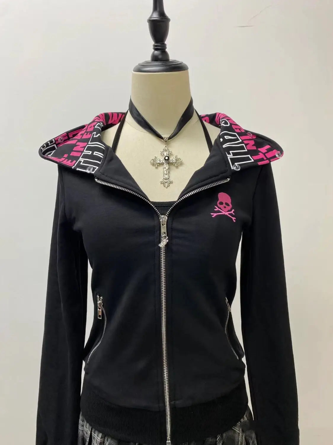 Y2K Gothic Skull Zip-Up Hoodie – Vintage Aesthetic Streetwear for Women