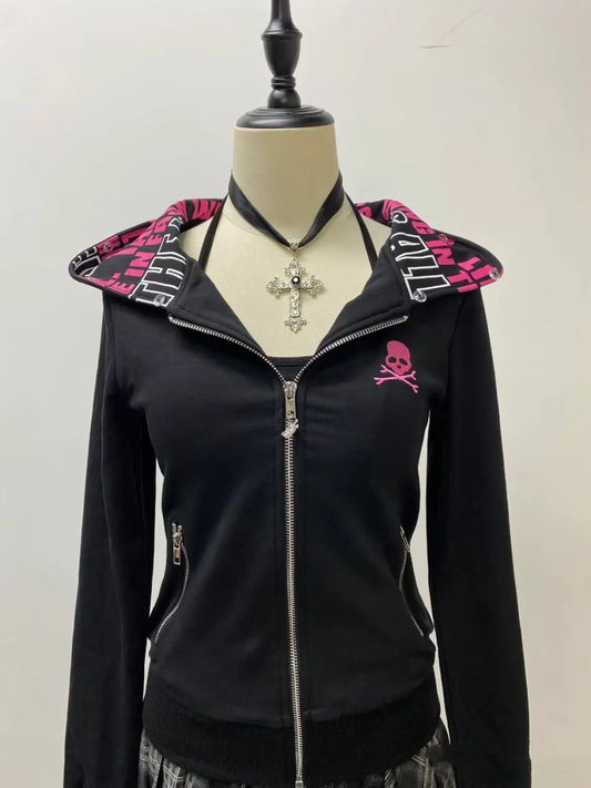 Y2K Gothic Skull Zip-Up Hoodie – Vintage Aesthetic Streetwear for Women