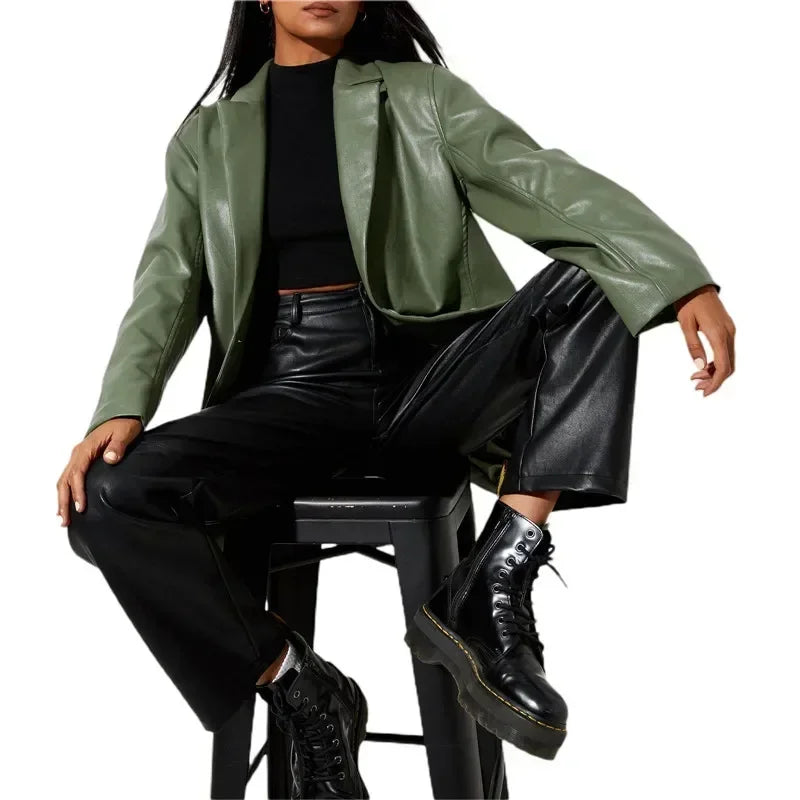 Women’s Vintage Faux Leather Blazer – Long Sleeve Streetwear Jacket with Flap Pockets
