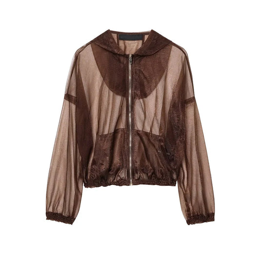 YENKYE Semi-Sheer Organza Hooded Jacket