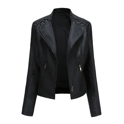 Women’s 12-Color PU Leather Jacket – Lapel Zip-Up Overcoat S–4XL