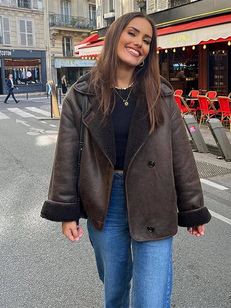 Double Sided Fur One Jacket Cotton Clothes Lamb Wool Coat Leather Jackets Women's Warm Loose Thick Lapel Fashion Casual Overcoat