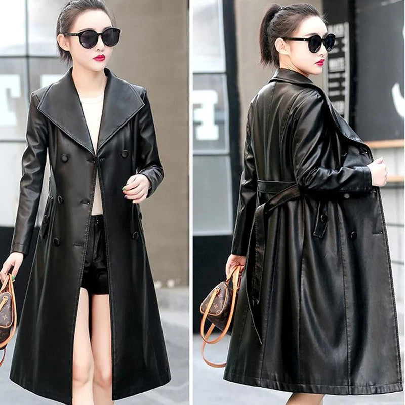 Lautaro Autumn Black Waterproof Pu Leather Trench Coat for Women Long Sleeve Belt Double Breasted Autumn Designer Fashion