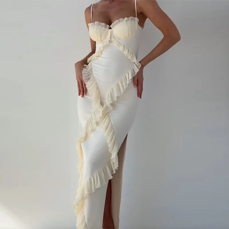 Women's Summer Dress Personalized Street Beige Head Strap Splicing Lace Dress Flounced Edge Elegant Evening Dress