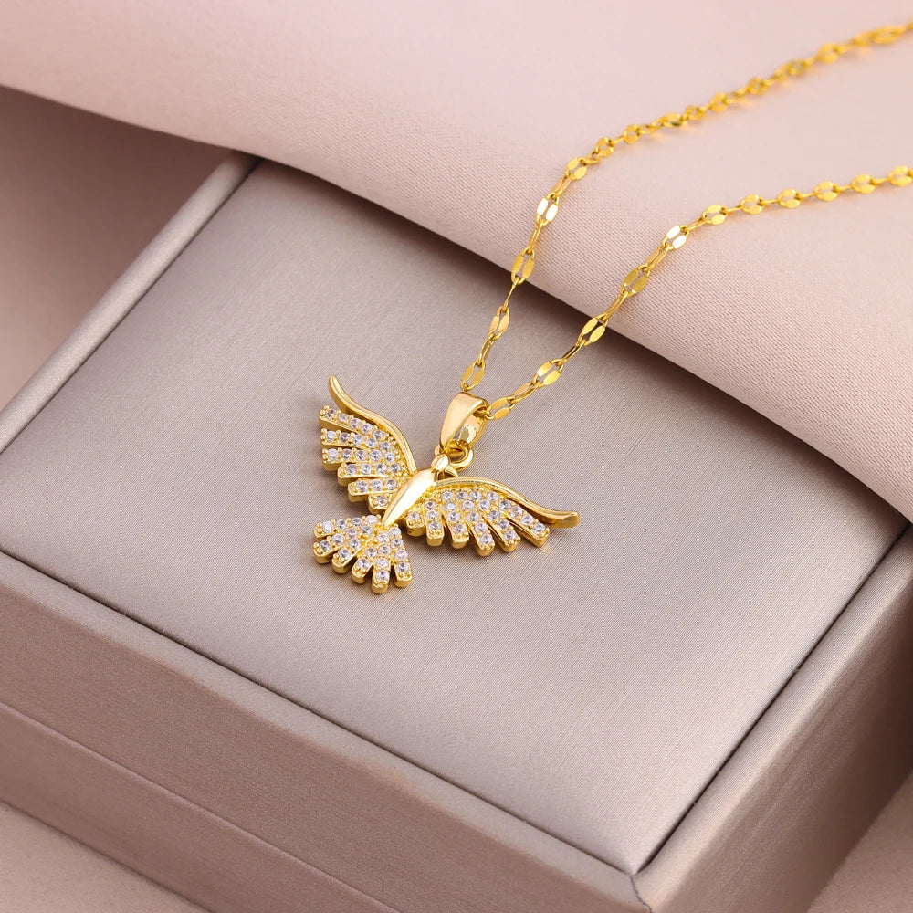 New Sparkly 18K Gold Plated Vintage Phoenix Pendant Necklace – Retro Style Stainless Steel Chain for Women