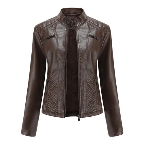 Women’s Lavender PU Leather Motorcycle Jacket – Long Sleeve Fashion Outerwear
