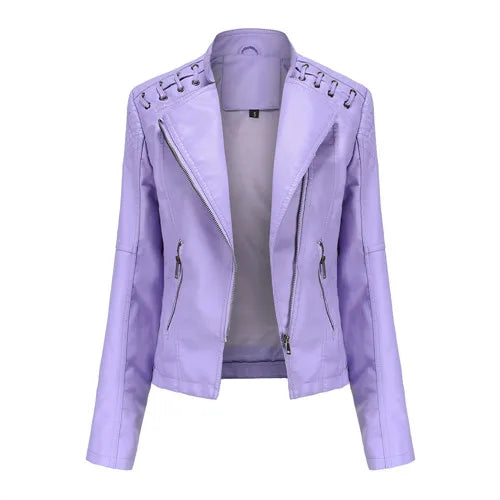 Women’s 12-Color PU Leather Jacket – Lapel Zip-Up Overcoat S–4XL