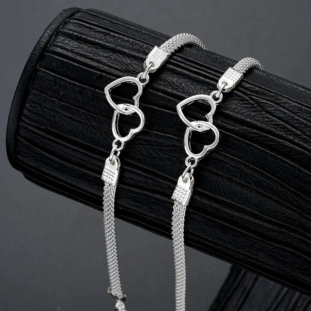 2-Piece Love Heart Couple Bracelets Set – Silver Double Layer Matching Chain for Men & Women