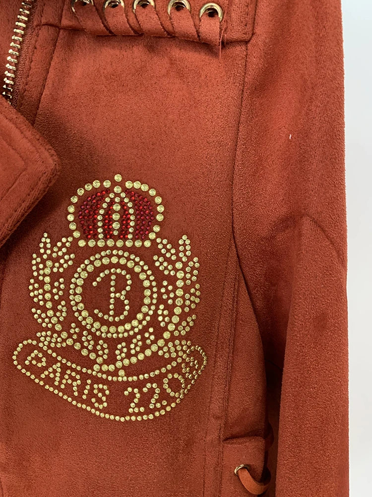 Women's 2024 F/W High Street Designer Biker Jacket – Faux Suede with Rope Lace-Up Detail, Beaded Logo & Edgy Motorcycle Style