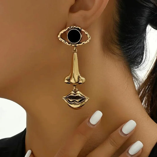 1 Pair Exquisite Long Retro Lips, Nose & Eye Design Earrings – Cool Abstract Jewelry Gift