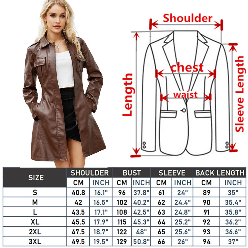 Red Long Waist Lace-up Leather Jacket Women's Long-sleeved Lapel PU Windbreaker Jacket Fashion Female Single-breasted Overcoat