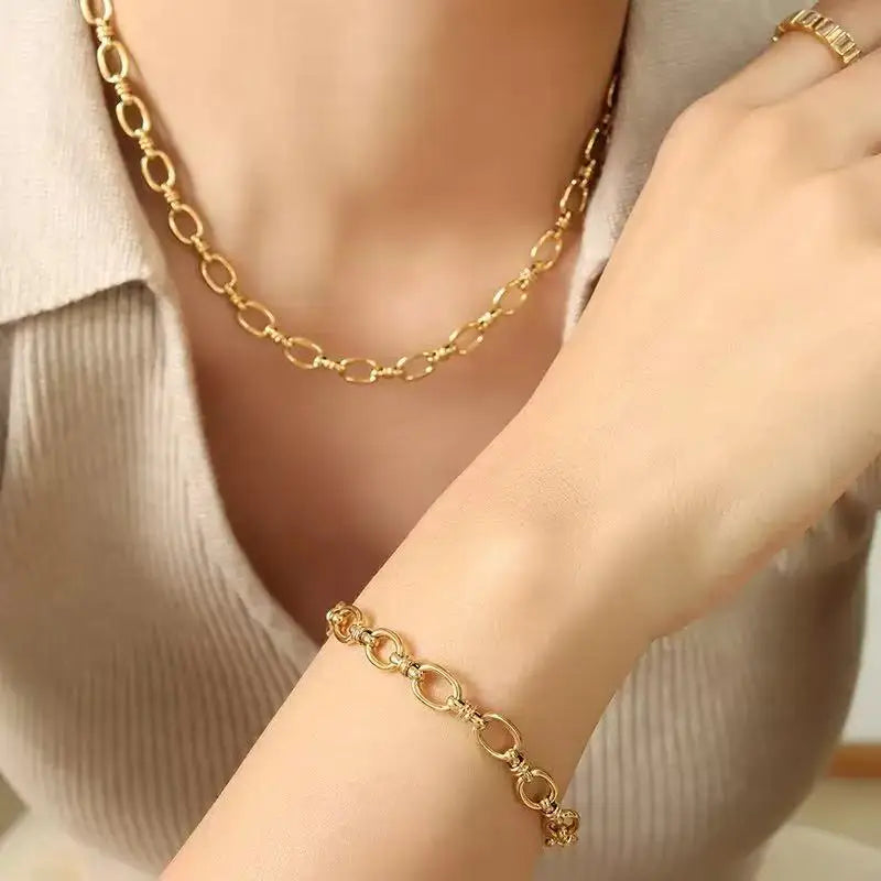 EILIECK 316L Stainless Steel Gold Chain Necklace & Bracelet Set – Simple Charm Jewelry for Women