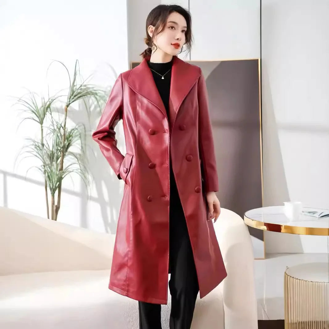 Lautaro Autumn Black Waterproof Pu Leather Trench Coat for Women Long Sleeve Belt Double Breasted Autumn Designer Fashion