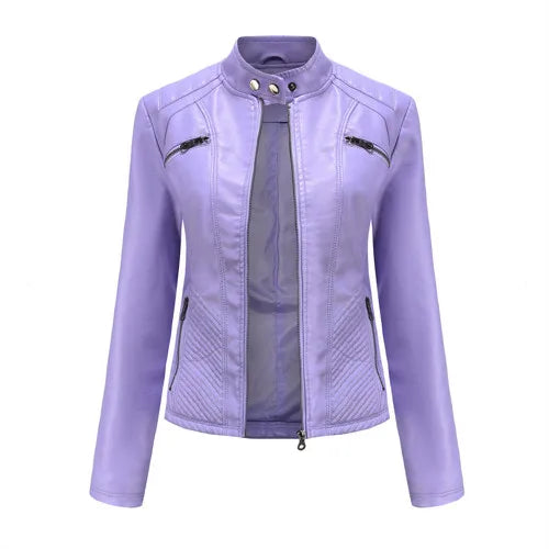 Women’s Lavender PU Leather Motorcycle Jacket – Long Sleeve Fashion Outerwear
