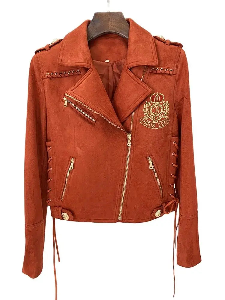 Women's 2024 F/W High Street Designer Biker Jacket – Faux Suede with Rope Lace-Up Detail, Beaded Logo & Edgy Motorcycle Style