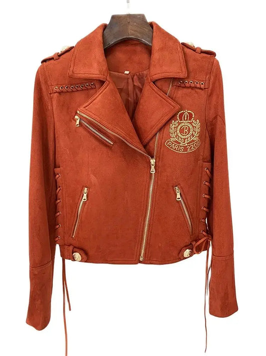 Women's 2024 F/W High Street Designer Biker Jacket – Faux Suede with Rope Lace-Up Detail, Beaded Logo & Edgy Motorcycle Style
