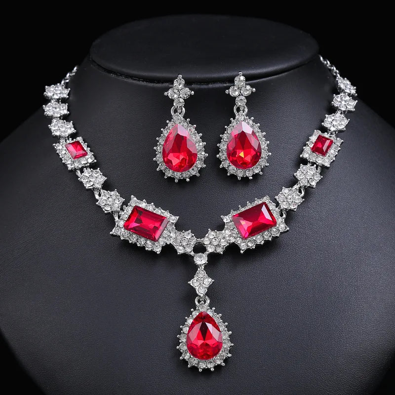 Wholesale Bridal Jewelry Set – Silver Plated Red, Green & Blue Crystal Rhinestone Drop Earrings & Luxury Wedding Necklace