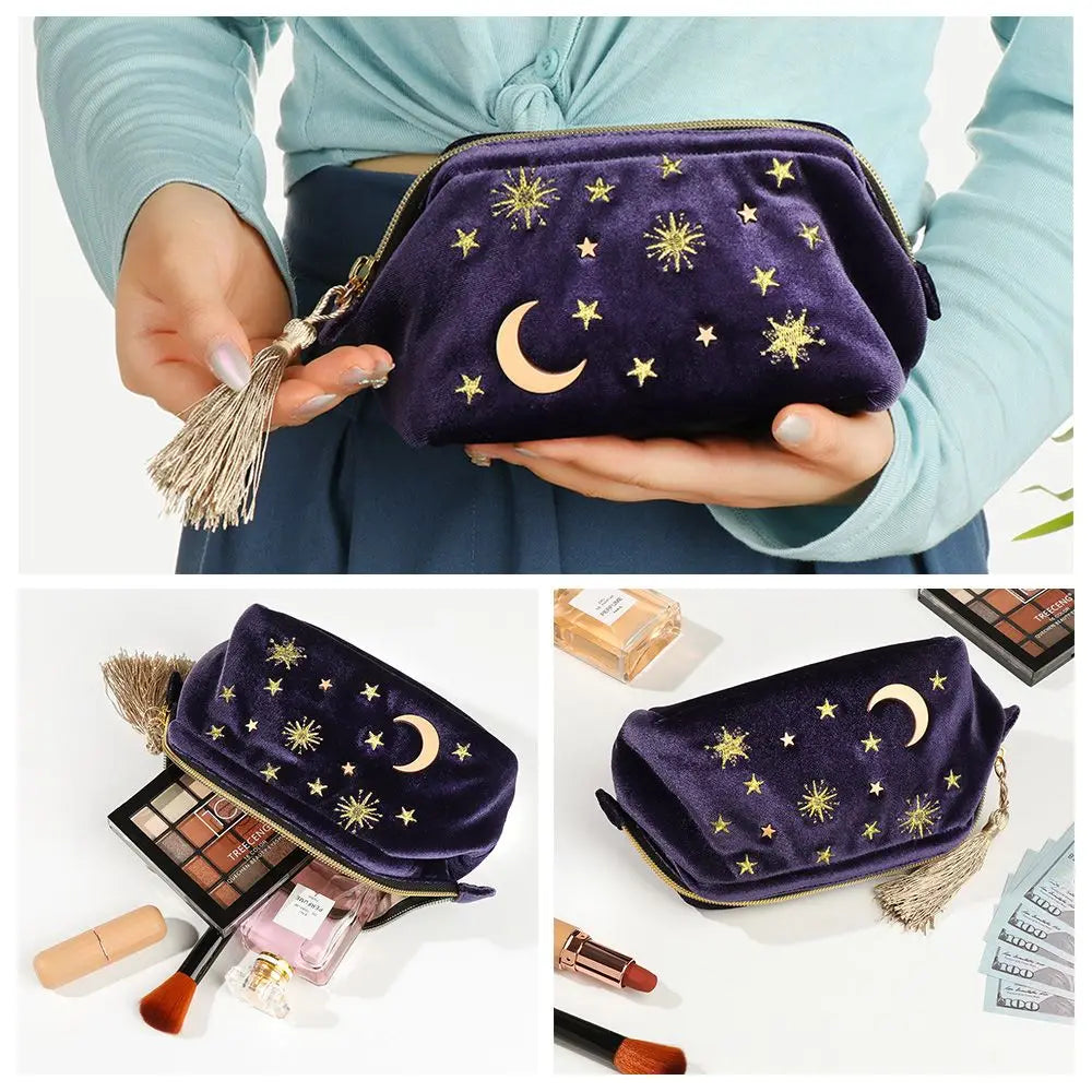 Exquisite Embroidered Velvet Cosmetic Bag – Star & Moon Pattern Portable Makeup & Jewelry Organizer