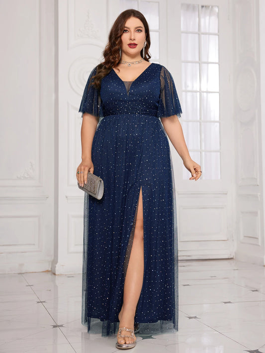 Unithorse Plus Women's Sparkling Polka Dot Tulle Gown – Glitter Mesh V-Neck, Flare Sleeves & Dramatic High Slit