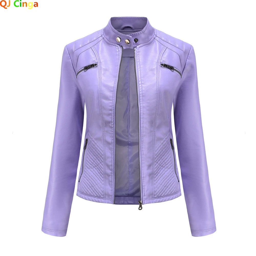Women’s Lavender PU Leather Motorcycle Jacket – Long Sleeve Fashion Outerwear