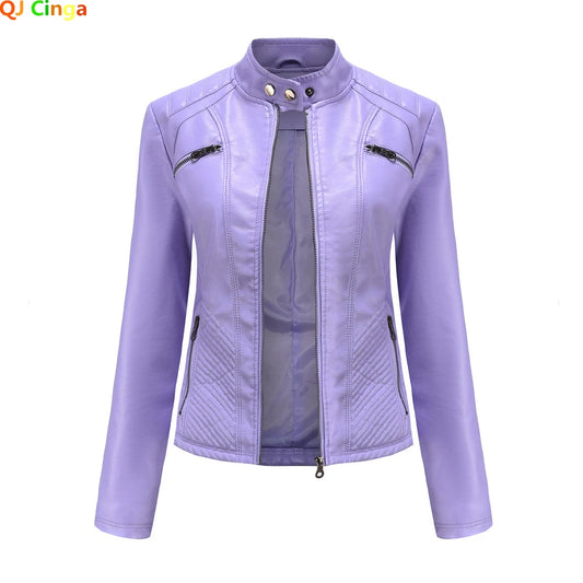 Women’s Lavender PU Leather Motorcycle Jacket – Long Sleeve Fashion Outerwear