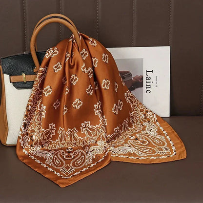 Luxury Print Satin Silk Square Scarf for Women Shawl Hijab Neckerchief Female Hair Ribbon Headband Fashion Wrap Bandana 2023 New l F.A Mirage