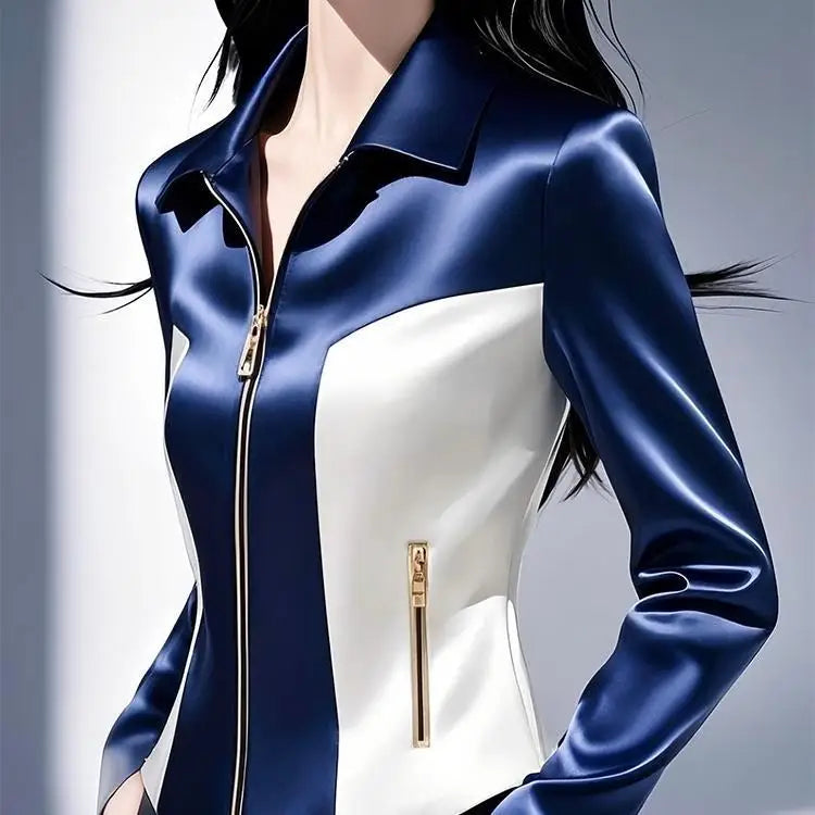 Women’s White & Blue Patchwork Satin Jacket – 2025 Early Spring Slim Waist Zipper Coat