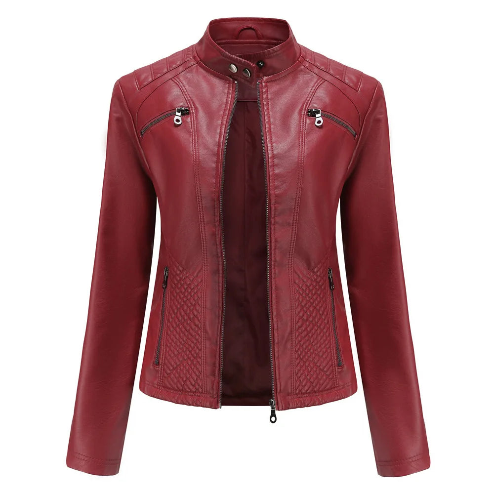Women’s Lavender PU Leather Motorcycle Jacket – Long Sleeve Fashion Outerwear