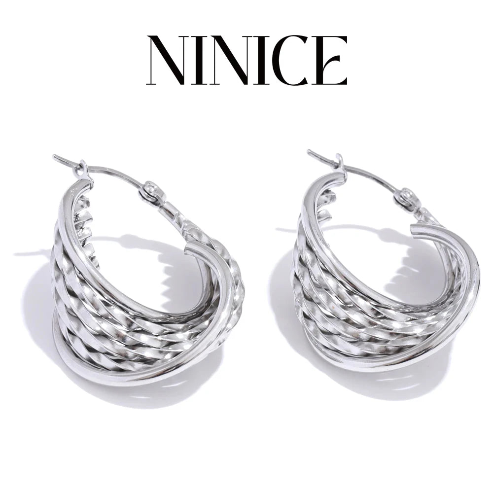 NiNice 2025 Stainless Steel Twisted Hollow Hoop Earrings – 18K PVD Plated Statement Jewelry