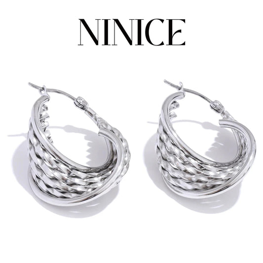 NiNice 2025 Stainless Steel Twisted Hollow Hoop Earrings – 18K PVD Plated Statement Jewelry