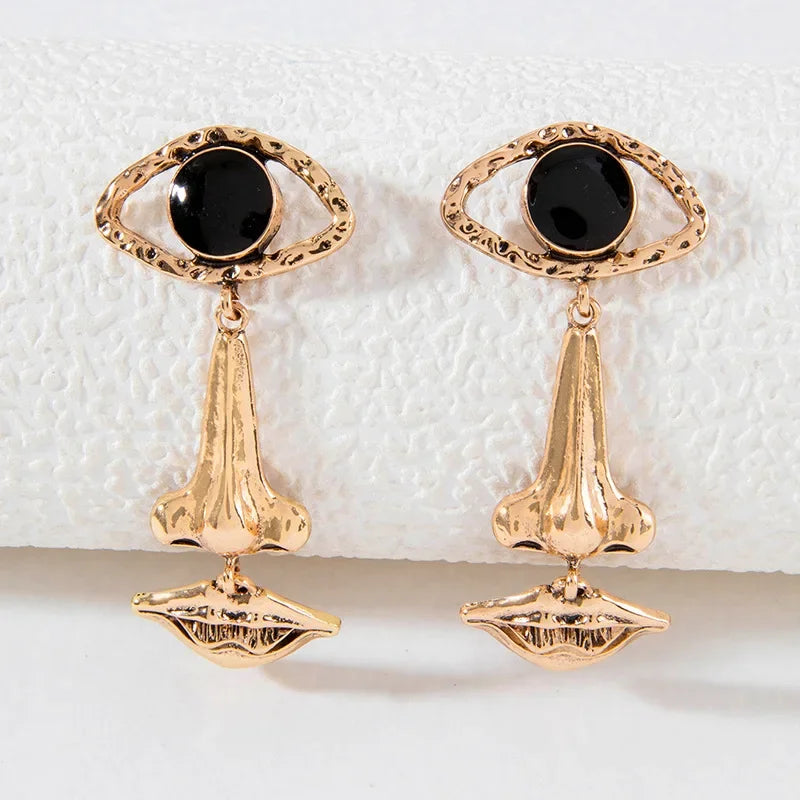 1 Pair Exquisite Long Retro Lips, Nose & Eye Design Earrings – Cool Abstract Jewelry Gift