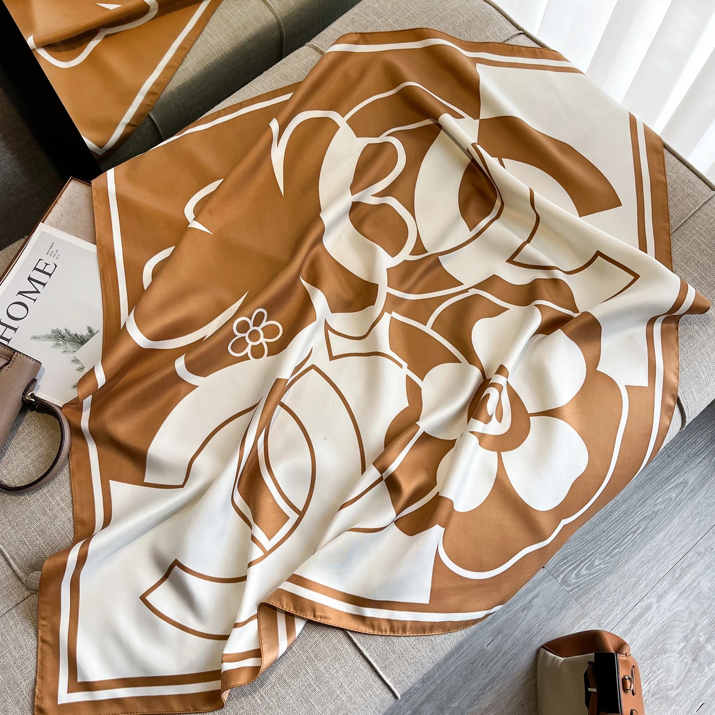 Luxury Camellia Print Satin Twill Scarf – 90x90cm Square Shawl, Elegant Headscarf & Neck Tie Bandana